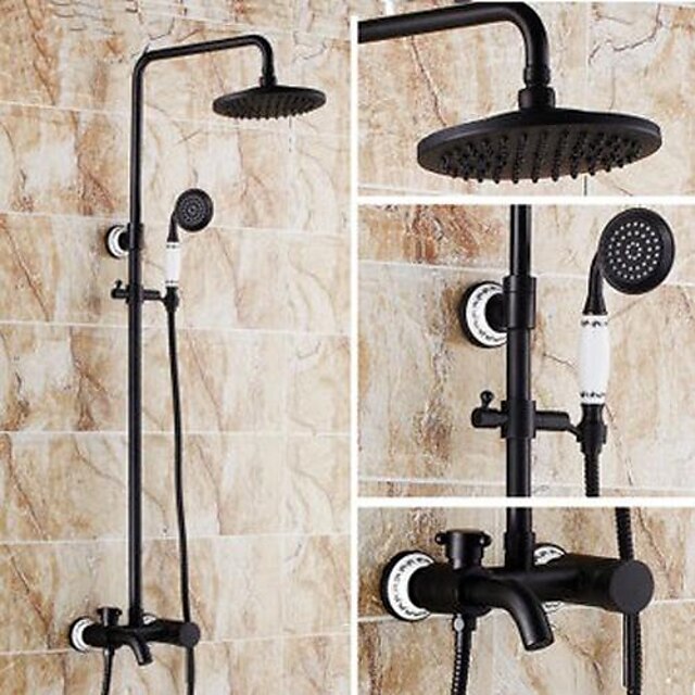  Shower System Faucets,Brass Rainfall Antique Style Black Oil-rubbed Bronze Finish Single Handle Three Holes Bath Shower Mixer Taps