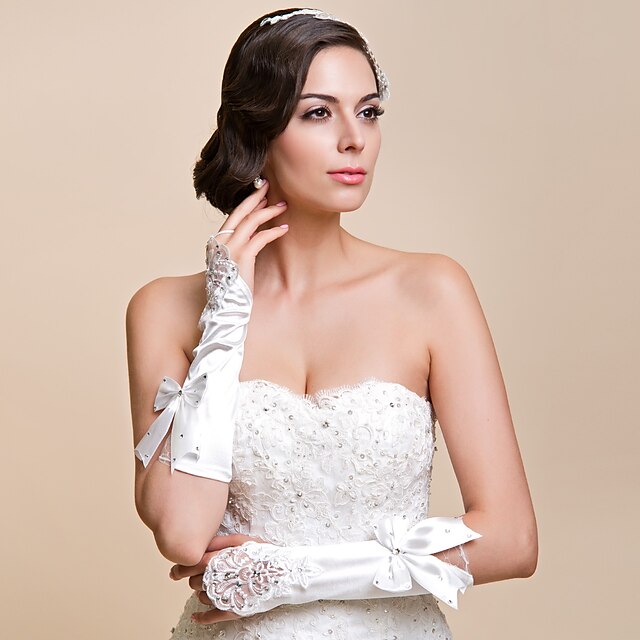  Lace Satin Elbow Length Glove Bridal Gloves With Rhinestone Bow