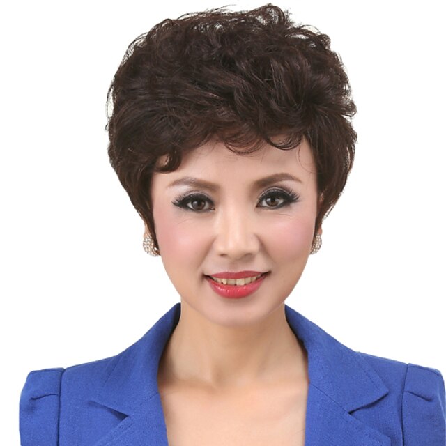  10 Inch European Style Short Curly Chestnut Brown Human Hair Parykker Side Bang