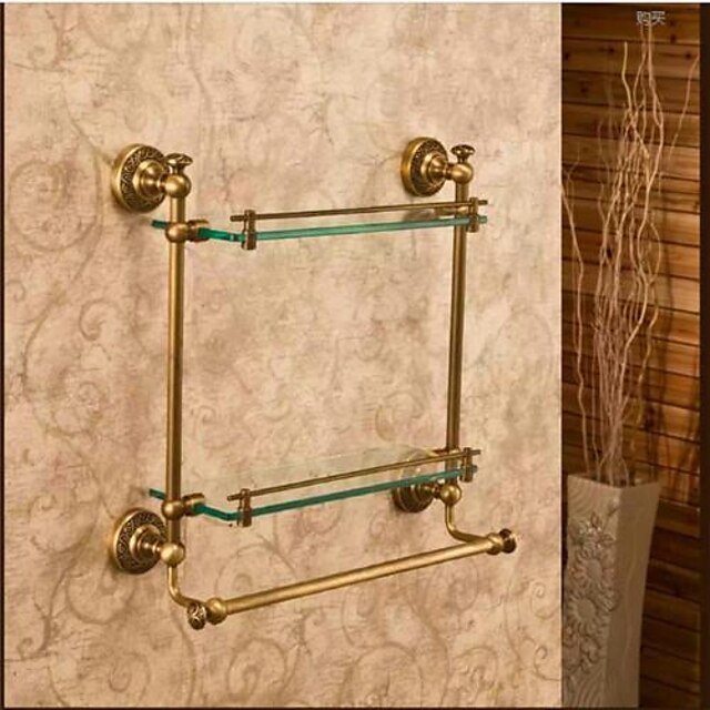  浴室棚 最高品質 アンティーク 真鍮 / ガラス １枚 - ホテルバス