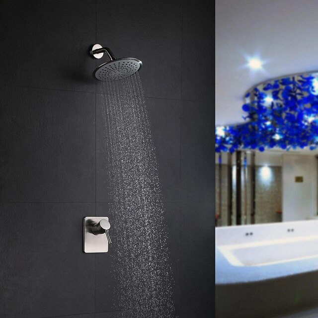  Robinet de douche Ensemble - Effet pluie contemporain Nickel brossé Montage mural Soupape céramique Bath Shower Mixer Taps / Laiton / Mitigeur deux trous