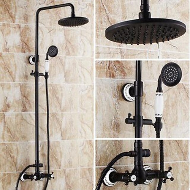  Two Handles Shower Systerm Set, Black Brass Faucet Three Holes Adjustable Electroplated Rainfall High Pressure Shower Mixer Taps with Rain Shower and Hand Shower