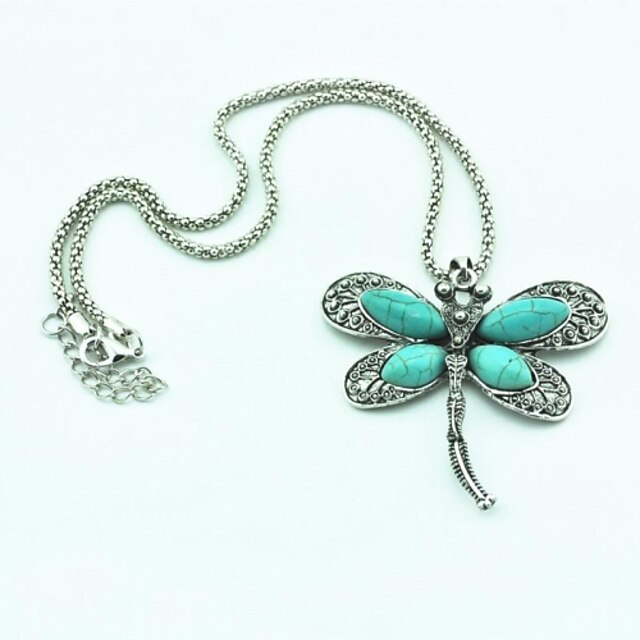  Vintage Antique Silver Dragonfly Turquoise Necklace(Green)(1 Pc)