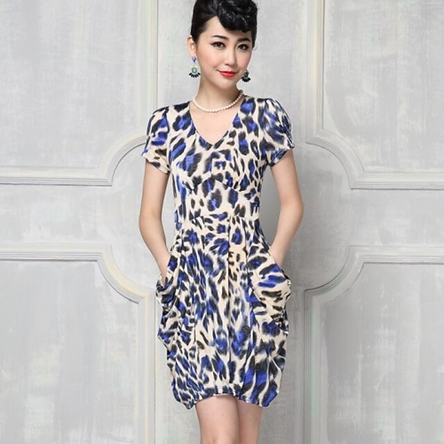  女性のラウンドカラー印刷Leopardの夏カジュアルショートスリーブエレガントミニドレス