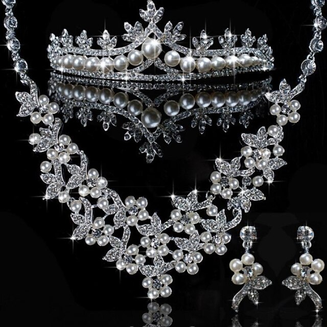  Elegant legering med rhinestone og perle bryllup smykker sett (Inkludert Tiara, halskjede og øredobber)