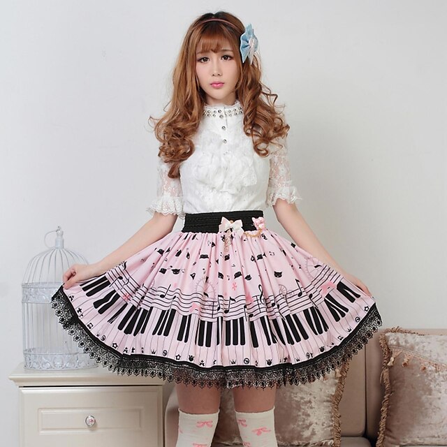  Skirt Sweet Lolita Princess Cosplay Lolita Dress Pink Print Lolita Medium Length Skirt For Women Polyester