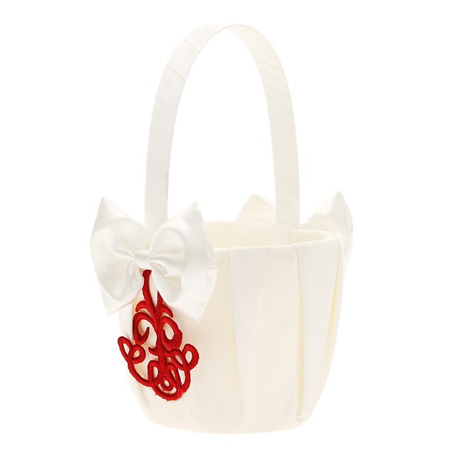  Flower Basket In White Satin With Red Embroidery Flower Girl Basket