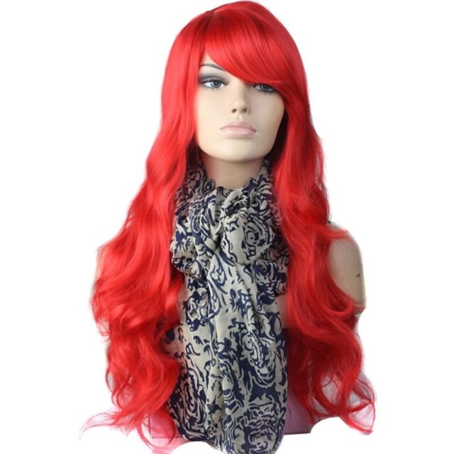  Red Party Capless High Quality Long Big Wave Synthetic Wig Side Bang