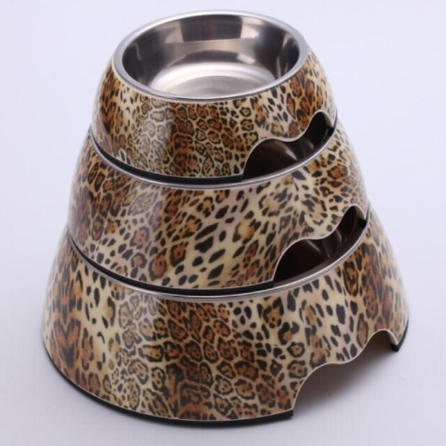  Leopard Applique Melamine Round Bowl with Stainless Steel Dish for Pet Dogs 