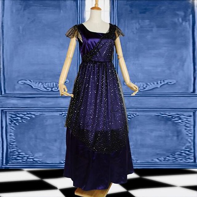  Gothic Lolita Dress Elegant Satin Women's Dress Cosplay Blue Short Sleeve Long Length Halloween Costumes