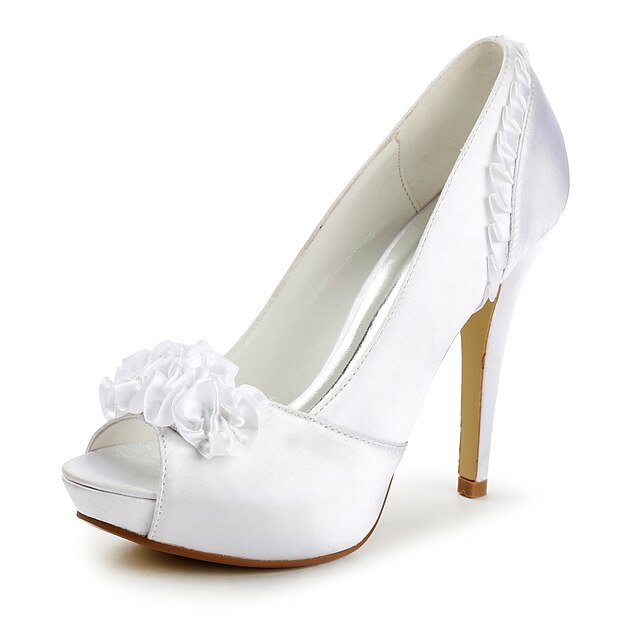  Women's Spring Summer Fall Winter Platform Satin Wedding Stiletto Heel Applique Satin Flower Ruffles Ivory