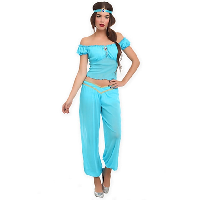  Princezna Jasmine Cosplay Kostýmy Kostým na Večírek Dámské Halloween Karneval Festival / Svátek Polyester Azurová Karnevalové kostýmy Jednobarevné / Vrchní deska