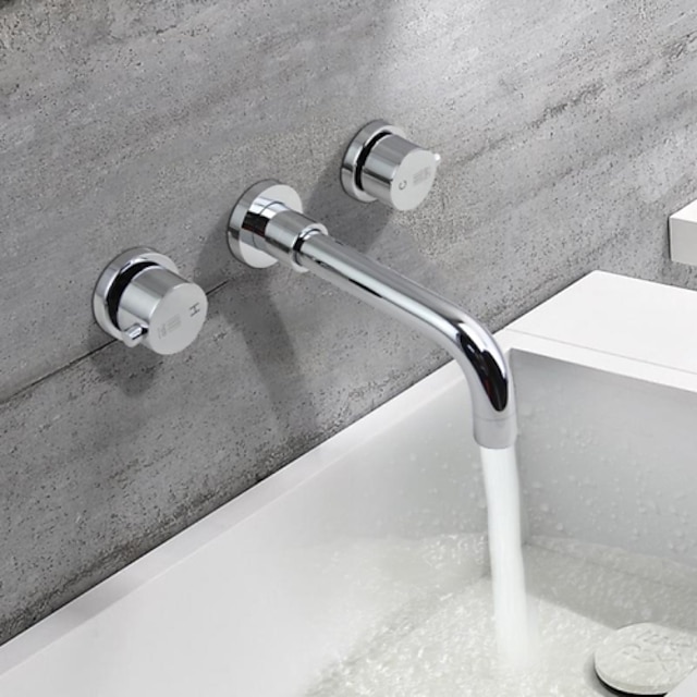  Contemporary Wall Mounted Rotatable Ceramic Valve Three Holes Two Handles Three Holes Chrome, Bathroom Sink Faucet