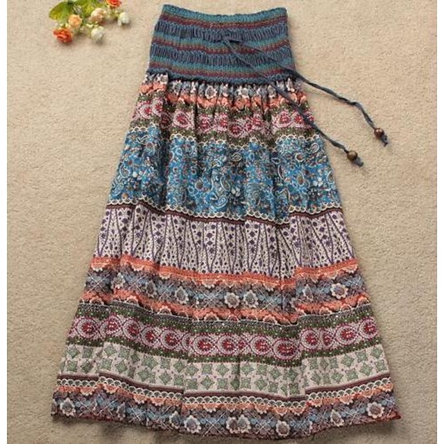  Women's Boho Print Blue Orange Skirt, Maxi Beach Ruched Elastic Waist