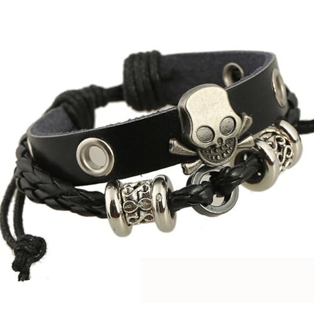  Men's Leather Bracelet Skull Halloween Calaveras Unique Design Beaded Fashion Leather Bracelet Jewelry Silver / Black For Christmas Gifts Daily