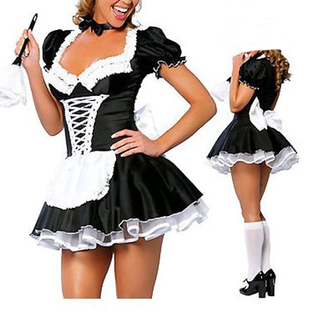  Women's Fifty Shades Maid Costume Career Costumes Maid Uniforms Sex Cosplay Costume Party Costume Sexy Costumes Patchwork Dress Bow Tie