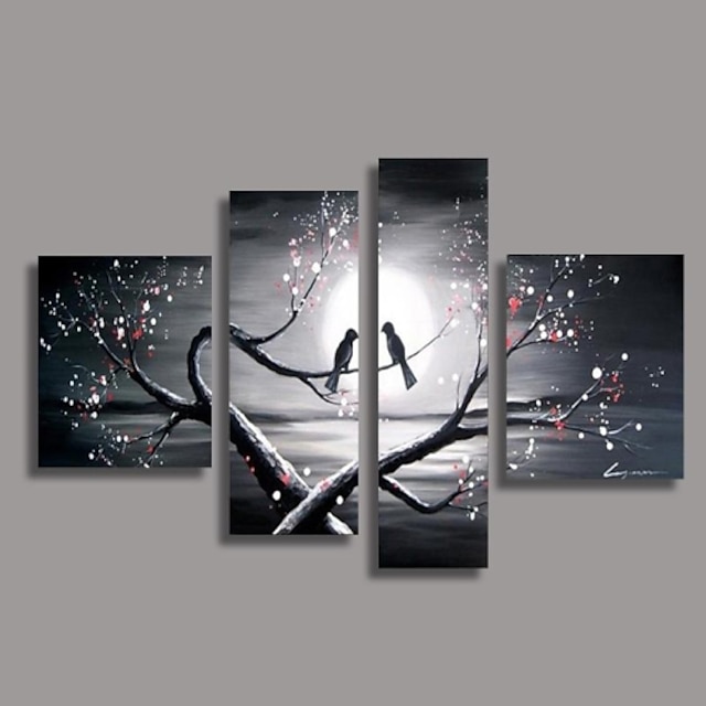  Hand-Painted Oil Painting Bird in the Tree Modern Canvas With Stretched Frame Four Panels