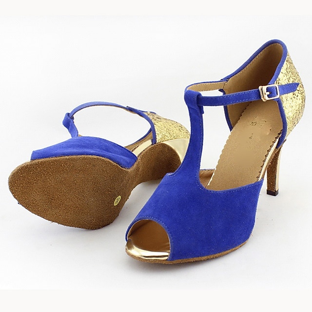  Dames Latin schoenen Ballroom schoenen Sandalen Glitter Speciale hak Zwart Rood Blauw Gesp T-riempjes Sprankelende schoenen / Leer