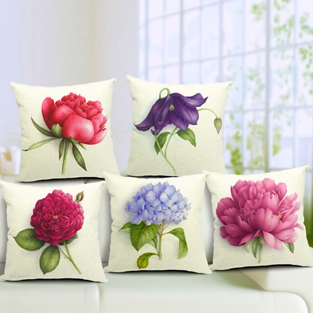  5 pcs Cotton/Linen Pillow Cover, Floral Country