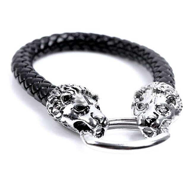  Fashion Nice Korean Style Men Two Leopard Snake Twine Black Alloy Leather Chain&Link Bracelet(1 Pc)