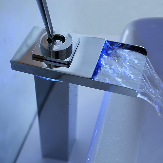  Bathroom Sink Faucet - Waterfall / LED Chrome Widespread One Hole / Single Handle One Hole