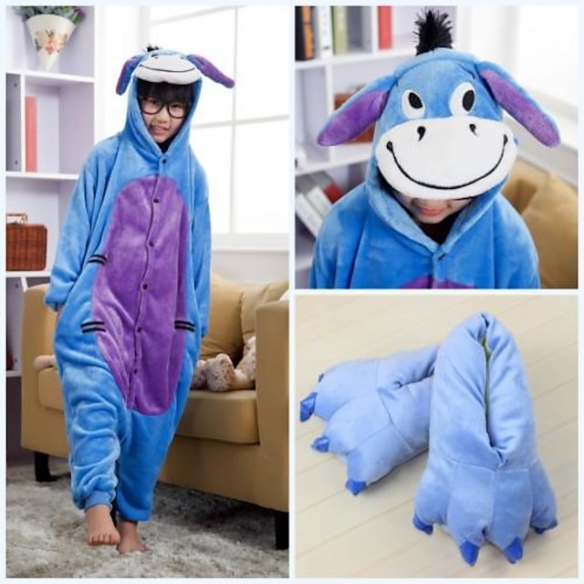 Toys & Hobbies Cosplay & Costumes | Mint Blue Donkey Coral Fleece Kids Kigurumi Pajamas Suit (Slippers Size:21cm) - YX12123