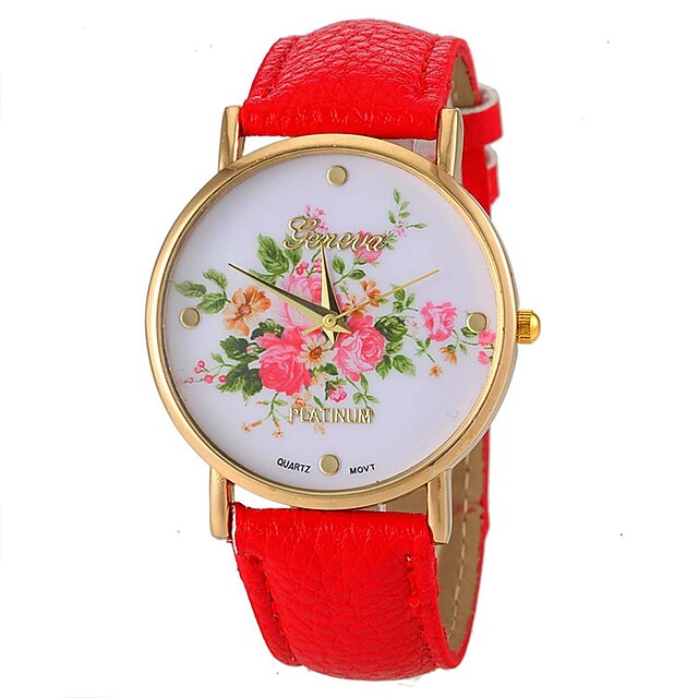  女性のファッションスタイルの花のパターンPUバンドクォーツ腕時計(アソートカラー)