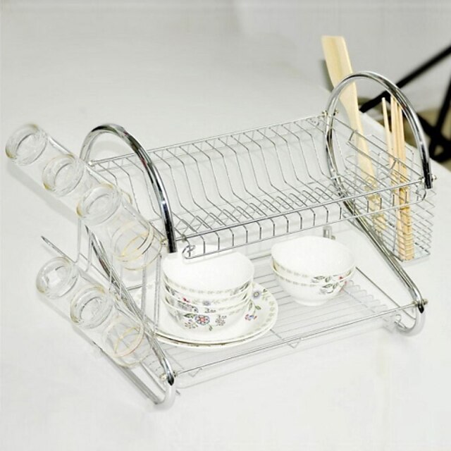  Kitchen Double Layers Dish Rack with Half-Transparent Plastic Tray