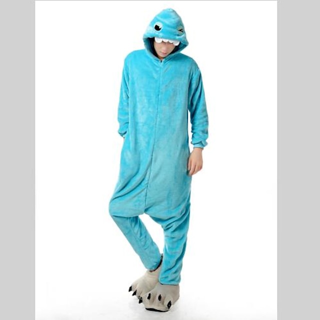 Toys & Hobbies Cosplay & Costumes | Fierce Blue Shark Adult Flannel Kigurumi Pajamas Animal Sleepwear Suit with Slippers - KG754