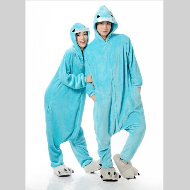 Toys & Hobbies Cosplay & Costumes | Fierce Blue Shark Adult Flannel Kigurumi Pajamas Animal Sleepwear Suit with Slippers - KG754