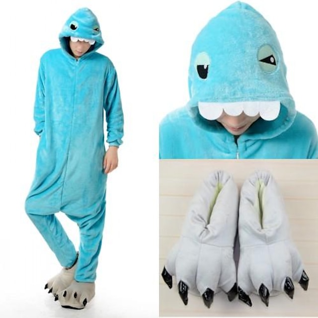 Toys & Hobbies Cosplay & Costumes | Fierce Blue Shark Adult Flannel Kigurumi Pajamas Animal Sleepwear Suit with Slippers - KG754