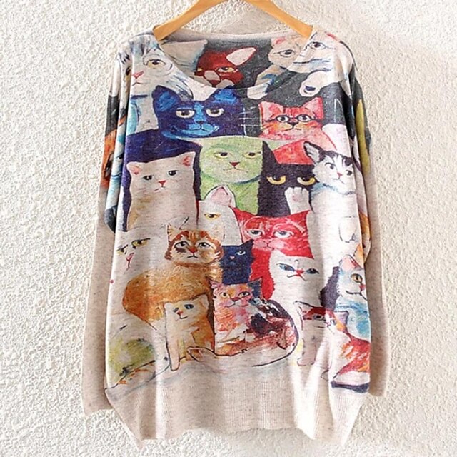  Women's  Batwing Long Sleeve Cats Print Pullover Sweater 