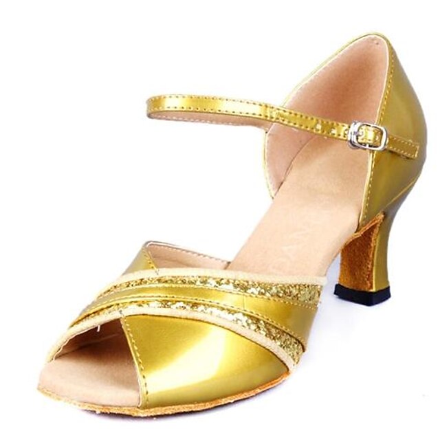 Women‘s Dance Shoes Latin Leatherette Low Heel Yellow/White