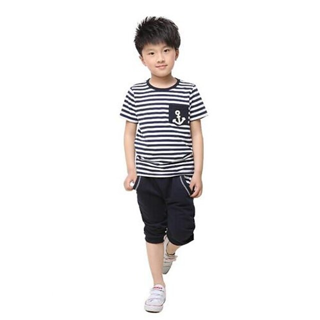  Boy's Korean Boy Boutique Quality Cotton Navy Striped Suit Summer Child Sports Suit
