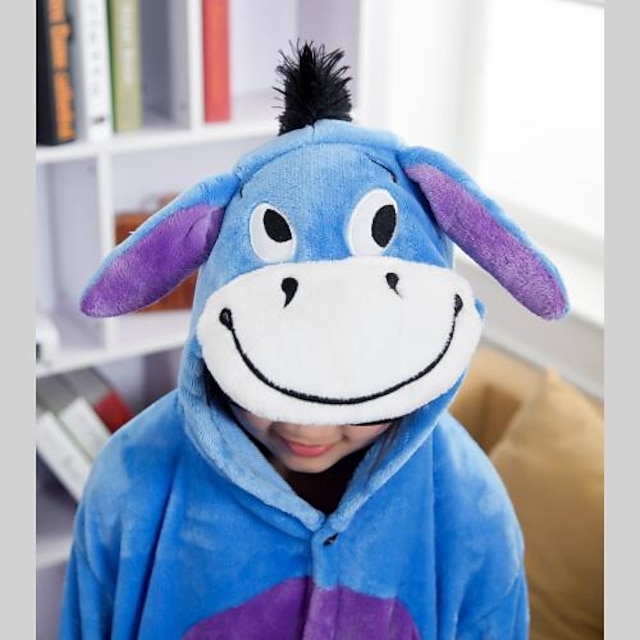 Toys & Hobbies Cosplay & Costumes | Mint Blue Donkey Coral Fleece Kids Kigurumi Pajamas Suit (Slippers Size:21cm) - YX12123