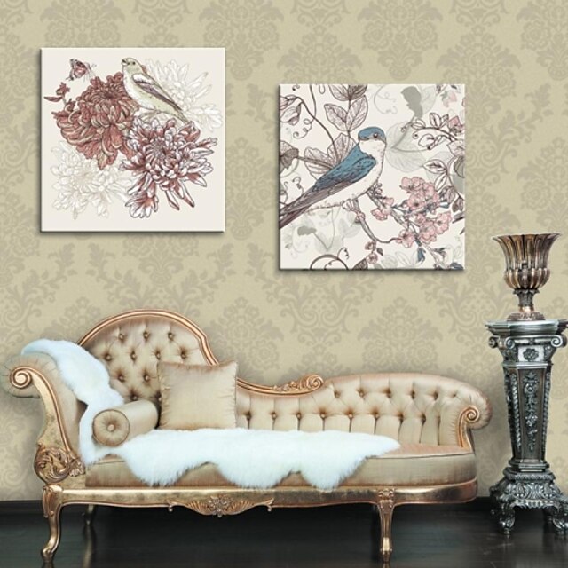  Stretched Canvas Art Decorative Painting Flowers And Birds Set of 2