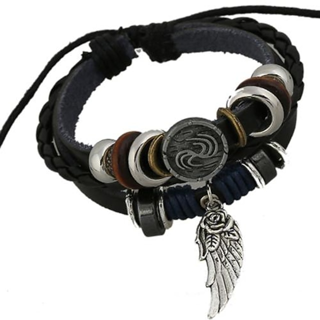  Men's Charm Bracelet Wrap Bracelet Leather Bracelet Beaded woven Angel Wings Unique Design Fashion Paracord Bracelet Jewelry Black For Christmas Gifts Daily