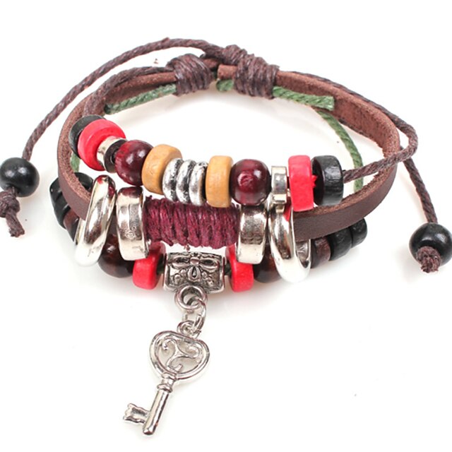  Men's Multilayer Key Charm Brown Leather Wrap Bracelet