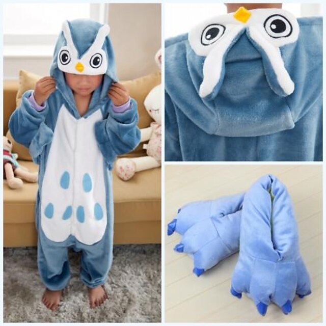  Mint Blue Owl Coral Fleece Kids Kigurumi Pajamas Suit (Slippers Size:21cm)