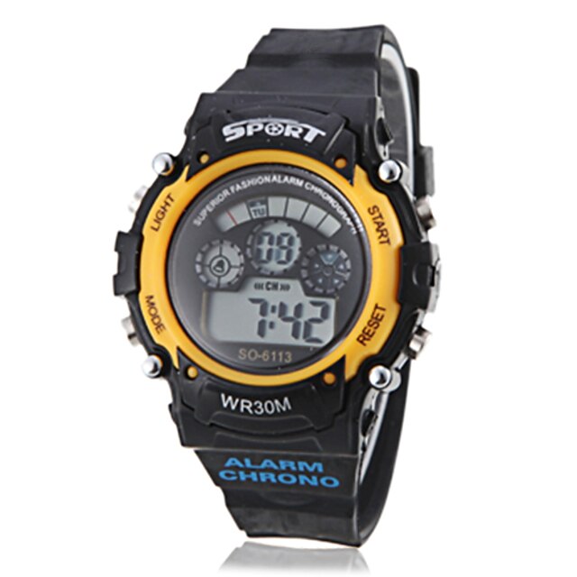  unisex Multifunkční LCD digitální žluté pouzdro černý pruh sportovní náramkové hodinky