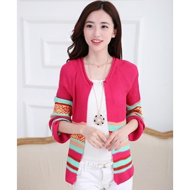  Women's Fashion Round Collar Stripes Cardigan Sweater