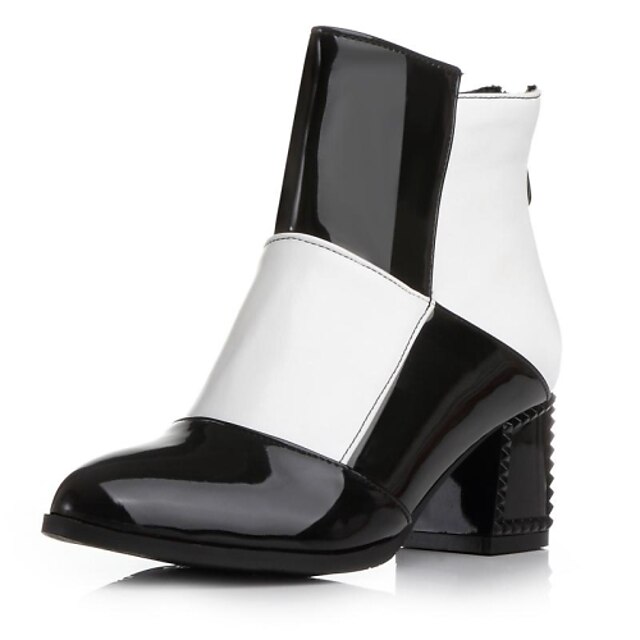 Damen Schuhe Lackleder Frühling Herbst Winter Blockabsatz Booties / Stiefeletten Reißverschluss Für Kleid Schwarz Weiß