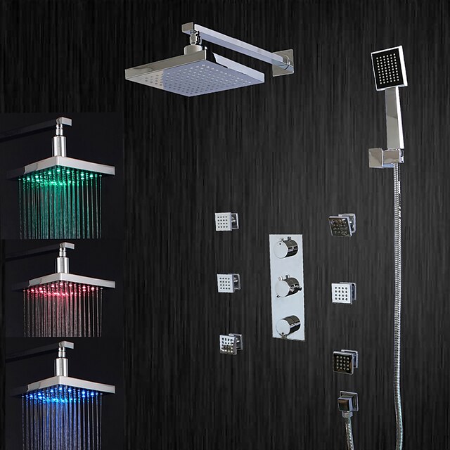  ערכת מקלחת הגדר - מקלחת גשם עכשווי כרום מותקן על הקיר שסתום קרמי Bath Shower Mixer Taps / זרימת מים / Brass / שלוש ידיות חמישה חורים