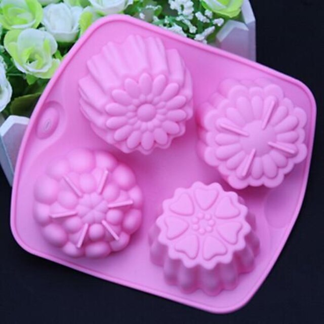  4 Hole Different Flowers Shape Cake Ice Jelly Chocolate Molds,Silicone 14×15.5×3 CM(5.5×6.1×1.2 INCH) (Random Color)