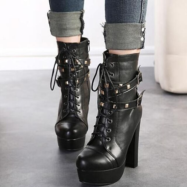  Women's Shoes Round Toe Chunky Heel Ankle Boots with Lace-up