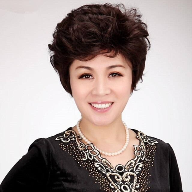  Human Hair Capless Wig Pixie Cut Short Hairstyles 2019 With Bangs style Brazilian Hair Curly Wavy Black Wig 8 inch Natural Hairline Side Part 100% Hand Tied Short Human Hair Capless Wigs / 8A