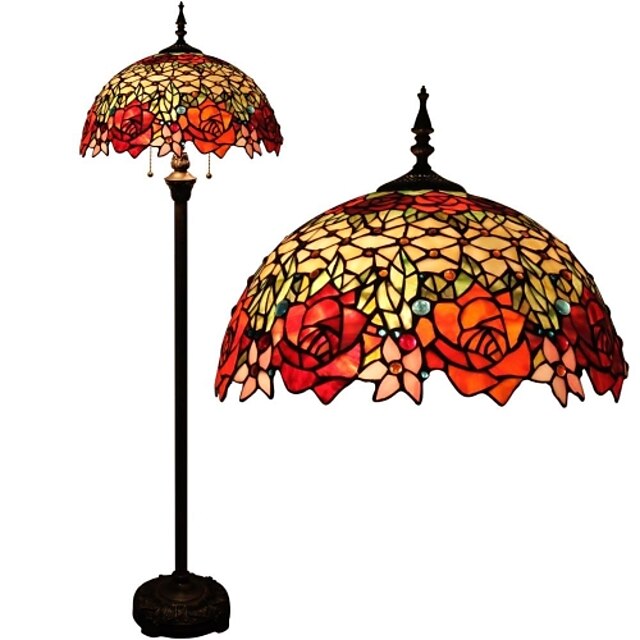  Tiffany Style Reading Floor Lamp Stained Glass with Double Rose Lampshade in 63 Inch Tall Antique Arched Base for Bedroom Living Room Table Set