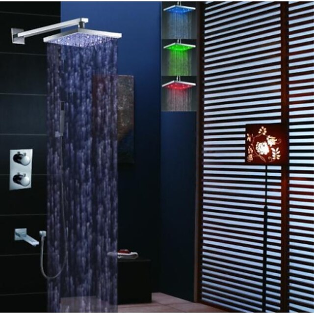  Messing-Badezimmer-Duscharmatur LED-Dreifarben-Regendusche Top-Spray, Wandthermostat-Chrom-Finish zwei Griffe vier Löcher Duscharmatur-Set