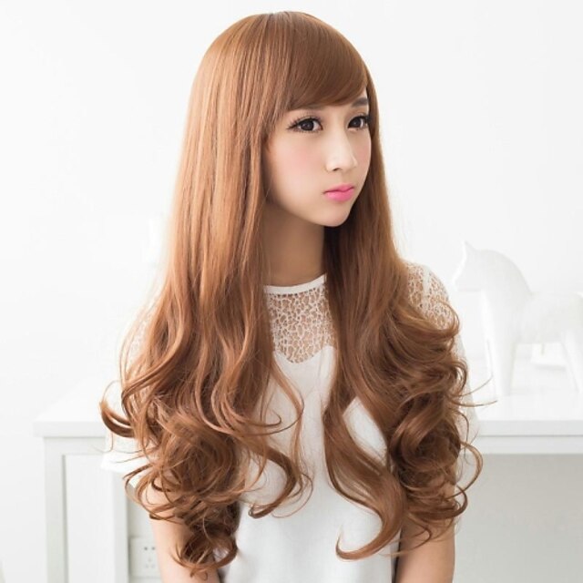  Synthetic Wig Wavy With Bangs Wig Light Brown Synthetic Hair Women's Brown