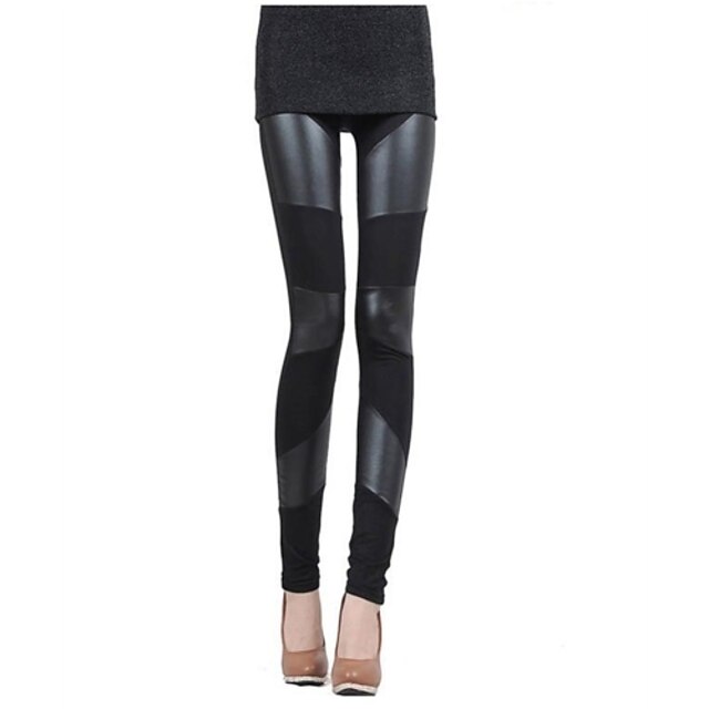  Women's  PU Leather Patchwork Stretchy Elastic Waist Trousers Leggings